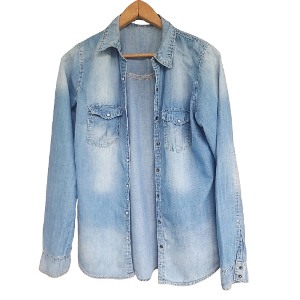 Womens S Maurices Cotton Cowgirl Western Boho Long Sleeve Pearl Snap Denim Shirt